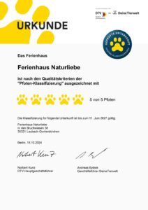 Urkunde Urlaub mit Hund 5 Pfoten DTV